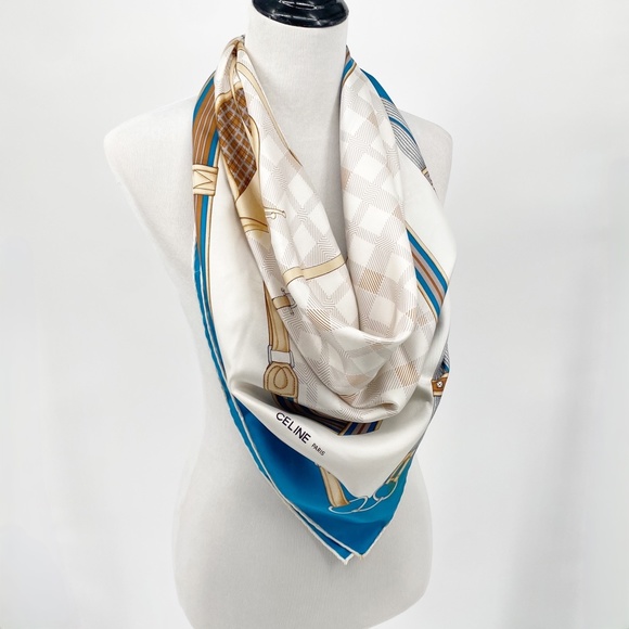 Celine Vintage 100% Silk Large Teal Bridle Horse Saddle Equestrian Scarf - Picture 2 of 14